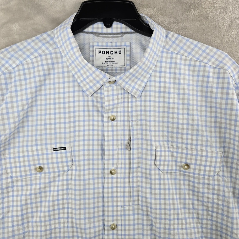 Poncho Shirt Mens 3XL Blue Grey Plaid Magnetic Pockets Outdoor Performance